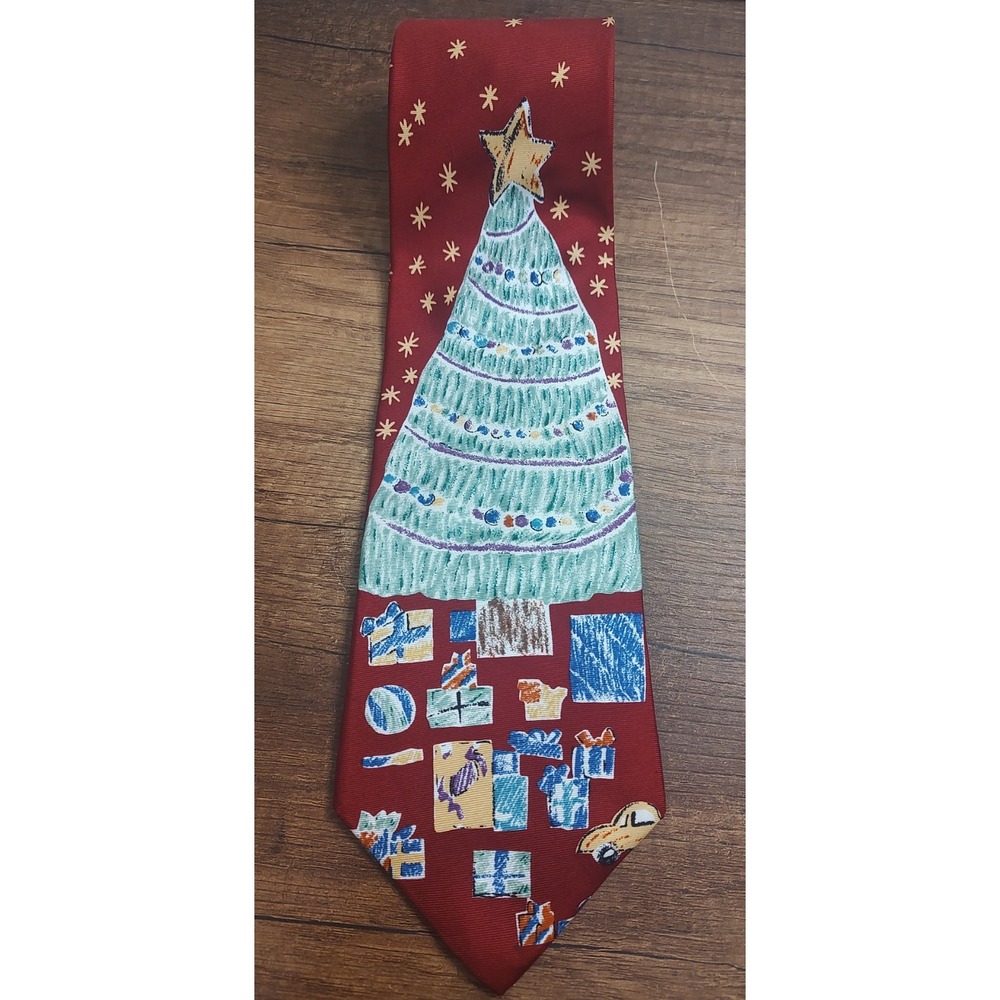 Christmas Tree Casual Holiday Party Neck Tie Silk Save The Children Red EUC T14